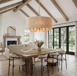 Boho-Chic 6-Light Jute Rope Drum Chandelier / Farmhouse Ceiling Light (New)