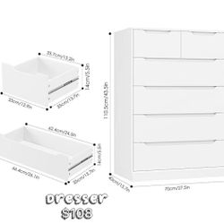 😀 EnHomee 6 Drawers Dresser for Bedroom, Modern Chest of Drawers, White Dresser with Large Organizer, Deep Drawer and Smooth Metal Rail, White