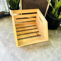 Modern Rustic Raw Light Beige Wood Slat Handle Bucket Box Storage With Lip