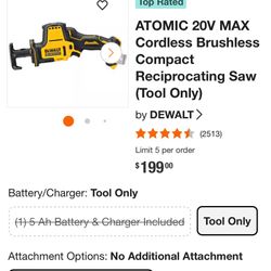 DEWALT ATOMIC 20V MAX Cordless Brushless Compact Reciprocating Saw (Tool Only)