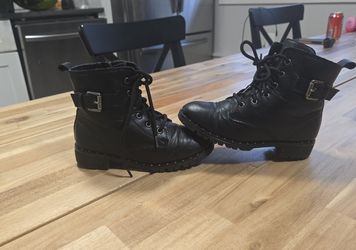Black Faux Leather Combat Style Ankle Boots With studs & Buckle Accent Girls Size 12 
