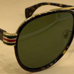 GUCCI Designer Sunglasses Plastic Havana Brown Green Lens Gold Men's GG0447S