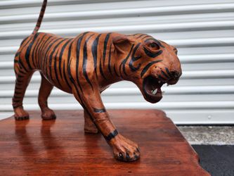 Vintage Handmade Papermache & Leather Tiger Sculpture