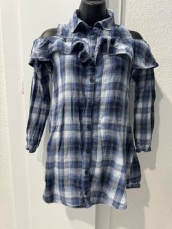 Girls Children’s Place Blue Plaid Ruffled Button Up Dress Size 10/12