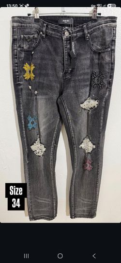 AMIRI GREY DISTRESSED PATCH DENIM JEANS NEW COLLECTION