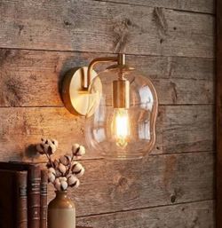 Gold Wall Sconce, Hand Blown Clear Glass Globe, Mid Century Modern