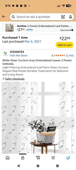 4 PR NEW IN PKG 54 X 84 SHEER WHITE CURTAINS/GREY EMBROIDERED LEAVES