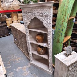 Hand Carved Solid Wood Corner Bookcase 
