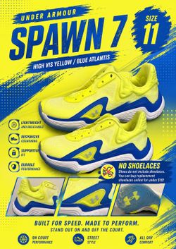 Size 11 - Under Armour Spawn 7 High Vis Yellow Blue Atlantis (NO SHOE LACES)