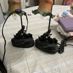 Beautiful Antique Tulip Lamps Boy Riding Bikes 