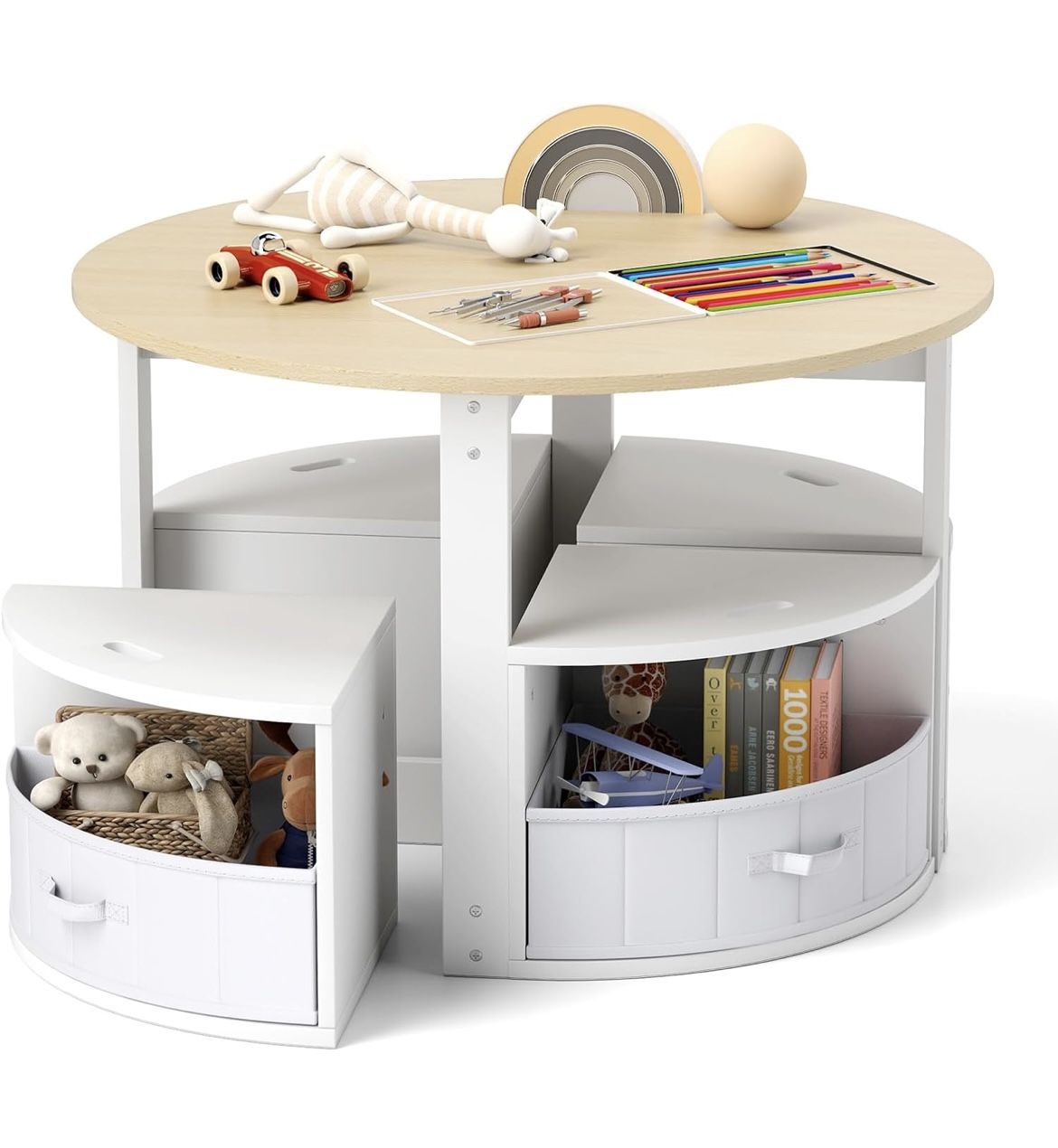 Small Chipped Assembled New Kids Table and Chairs, 5 Pieces Wooden Round Children Nesting Desk with 4 Storage Stools & 4 Fabric Drawers