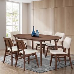 MID CENTURY MODERN 7 PIECE DINING TABLE SET OVAL TOP WALNUT FINISH