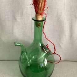 Vintage Hand blown Green Glass Italian Wine Decanter W/Ice Chamber & Straw Stoppers