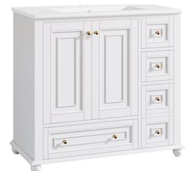 LITTLE TREE 36 in. Single Sink Freestanding White Bath Vanity with White Ceramic Top Unassembled
