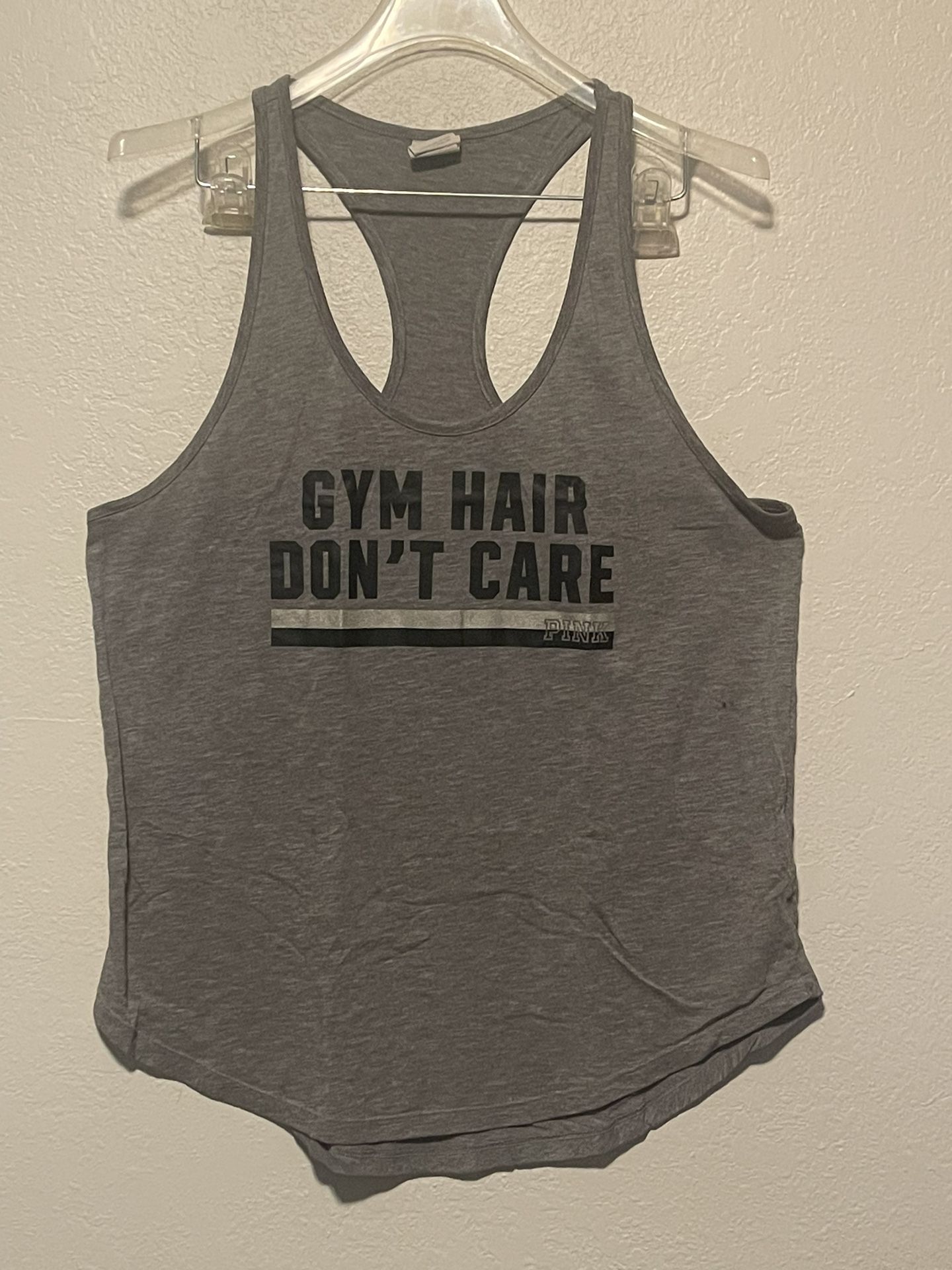 Victoria Secret Pink, Women’s Grey Razor Back TankTop Gym Hair Don’t Care Size L