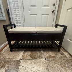 Mahogany Bench w/Linen Cushion & Shoe Storage 