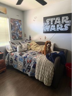 Twin trundle bed gray upholstery