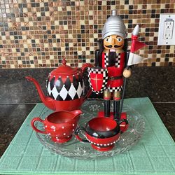 Painted Teapot Set And Nutcracker