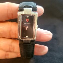 Tonino Lamborghini rectangle black face 2 Diamonds  leather strap VTG women's watch.
 Authentic!