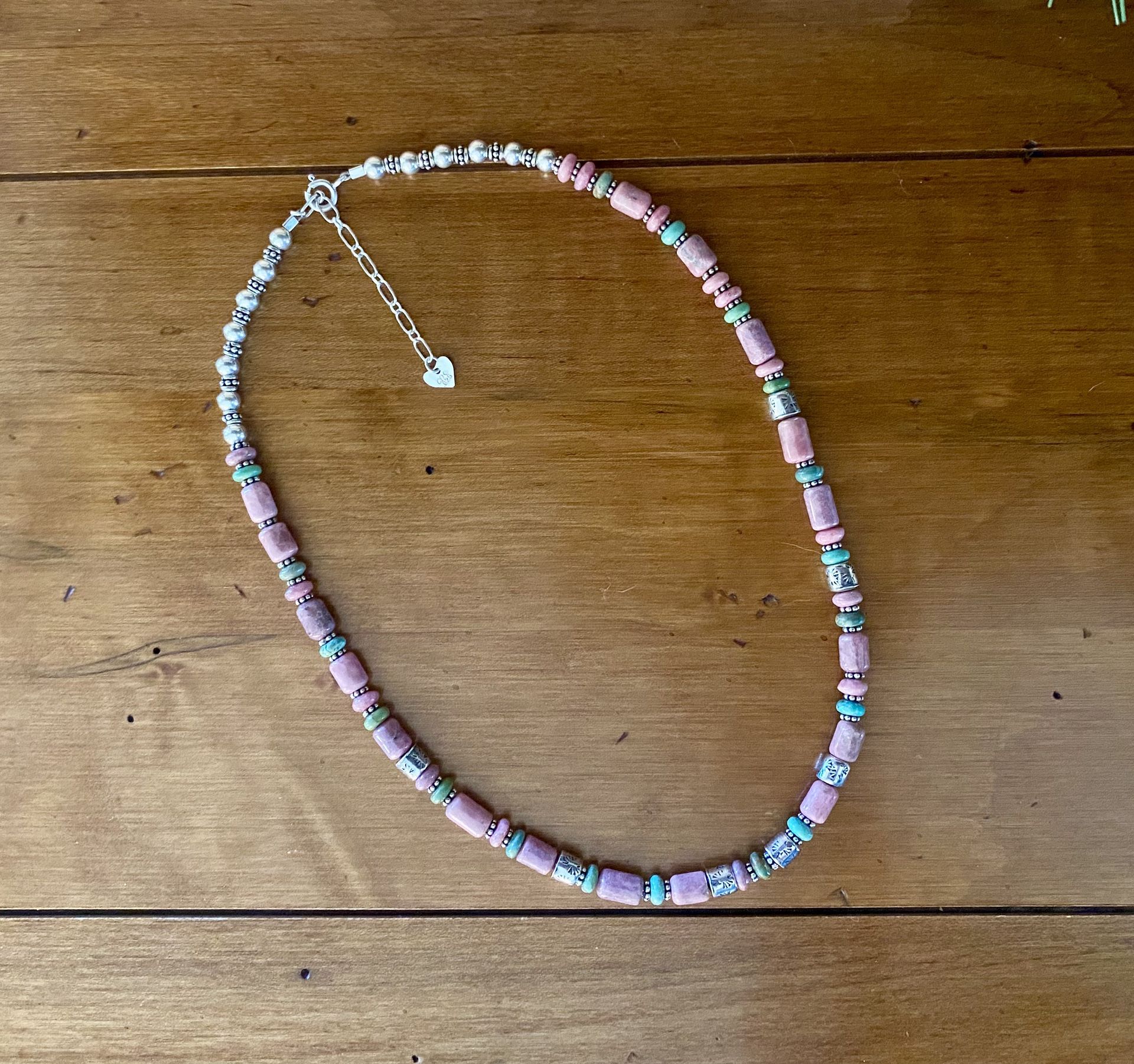 Sterling Silver Rhodochrosite & Turquoise Beaded Necklace