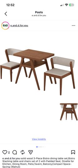 soild wood 3-Piece Bistro dining table set,Bistro Stacking table and chairs set of 2 with Padded Seat, Dinette for Kitchen, Dining Room, Patio,Tavern,