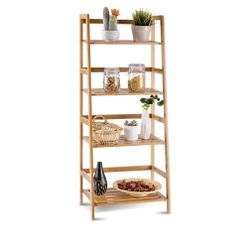 "Costway 47.5"" 4-Tier Bamboo Ladder Shelf – Multi-Functional Storage & Display Rack