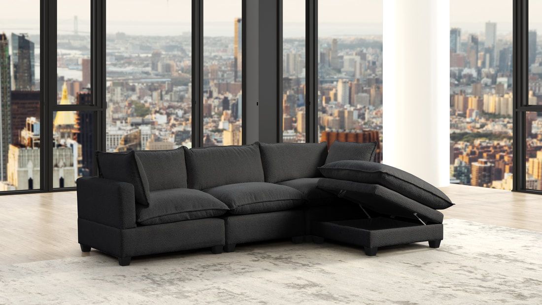 Santa Monica Black Boucle Modular Sectional w/ Storage Ottoman / 4pc