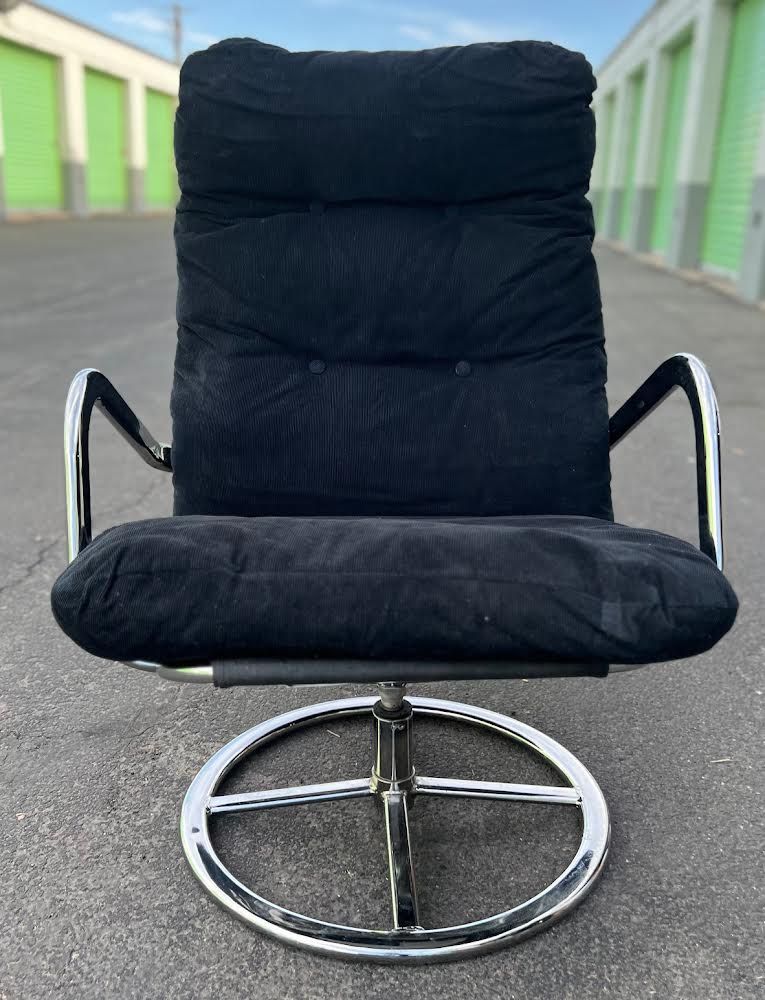 Vintage Black Corduroy Swivel Lounge Chair