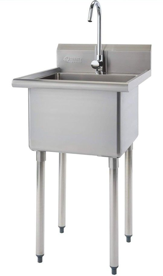 TRINITY Basics Stainless Steel Freestanding Single Bowl Utility Sink for Garage, Laundry Room, and Restaurants, Includes Faucet, NSF Certifie