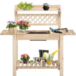 Potting Bench Table Outdoor Garden Potting Table Wooden Workstation w/Sliding Tabletop Removable Sink