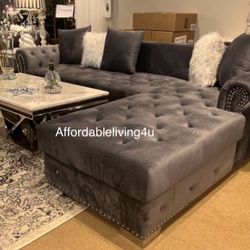 Grey Tufted Velvet Sectional Brand New In Box