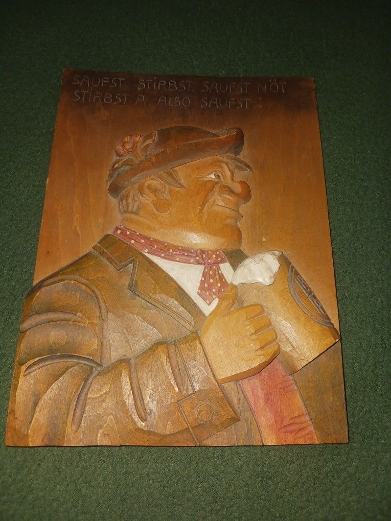 Man drinking a beer Carved Wood Artwork.