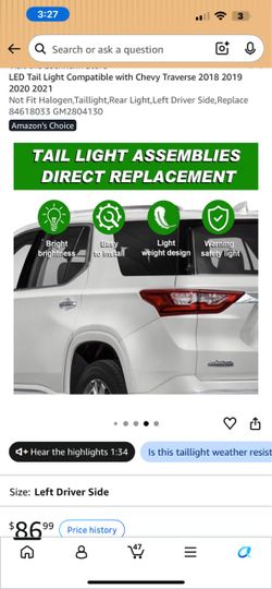 LED Tail Light Compatible with Chevy Traverse 2018 2019 2020 2021 Not Fit Halogen,Taillight,Rear Light, Left Driver Side, Replace 3 GM