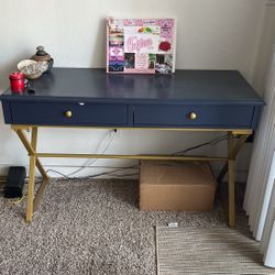 Blue And Gold Desk - Work Space, Tv Stand, Console Table, Laptop 