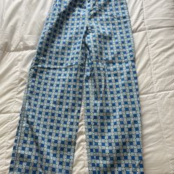 Wild Fable Women's Size M Plaid High Rise Ankle Flare Pants Blue Floral Daisy