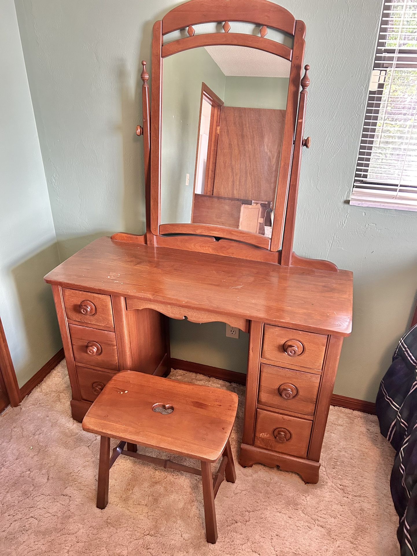 Antique Vanity With Mirror And Bench 