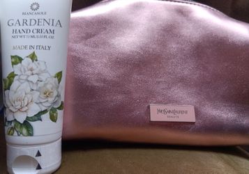 Yves Saint Laurent Beaute Metallic Pink Cosmetic Bag w/ Blanca Sole Gardenia Hand Cream
