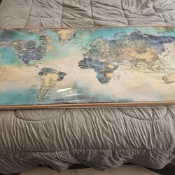 New Framed World Map Art Blue Gold