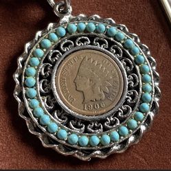 Vintage The Whitehall Co. Jewelers Antique 1906 Penny Faux Turquoise Pendant Necklace