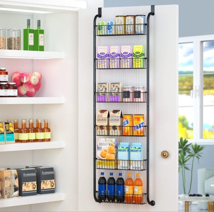 6-Tier Over The Door Pantry Organizer Rack, Over The Door Organizer with 6 Full Baskets, Heavy-Duty Metal Hanging