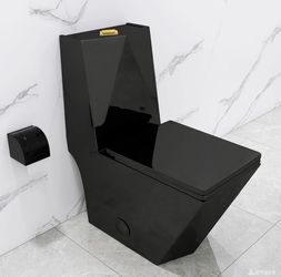 WinZo Square One Piece Toilet Black With Gold Button For Modern Bathroom,Diamond-shaped Sleek Design Elonagted Rectangle 17" Comfort Bowl,Glossy Black