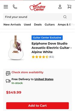 Beautiful White Epiphone Dove Pro Acoustic / Electric Guitar