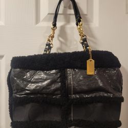 Coach Purse NEW Black Leather & Fabric with Shearling