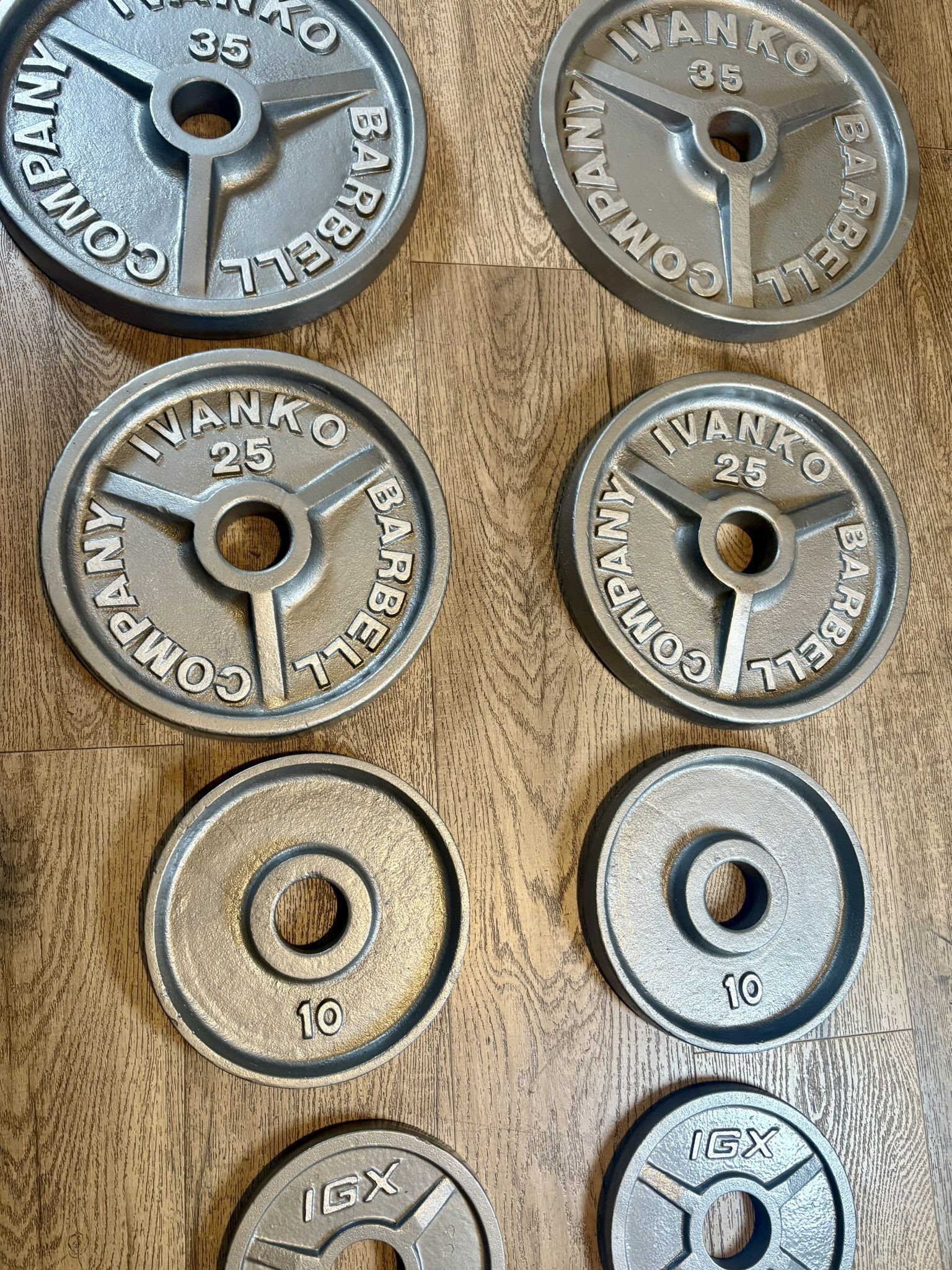 IVANKO’S FULL Olympic Set [ 5s And 2.5s Different Brand] Reconditioned Beautiful Vintage Cast Iron Weight Plates 