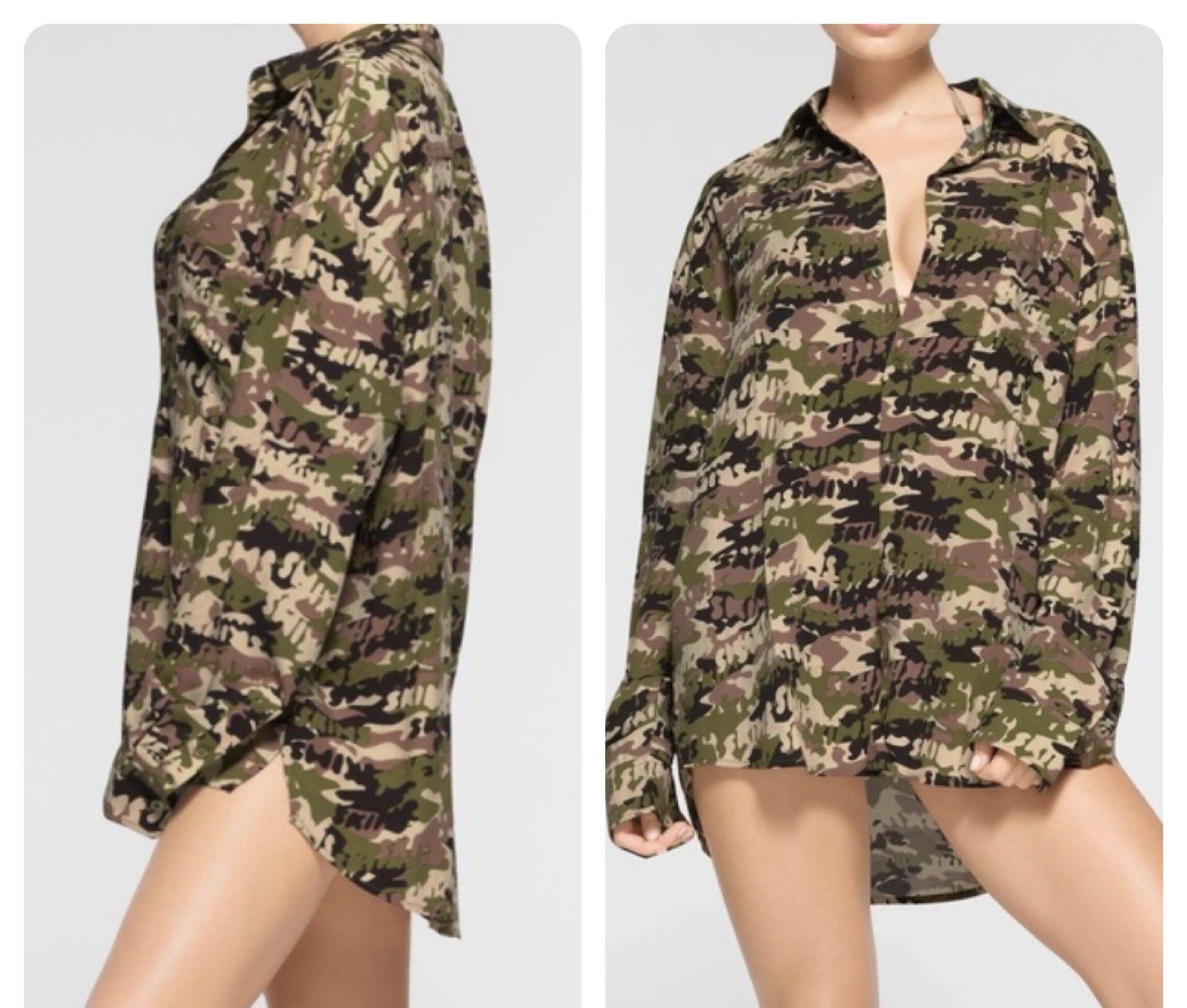 SKIMS Size XS Long Sleeve Button Up Swim Cover Up Logo Camo Army TP-SHR-3493 NWT