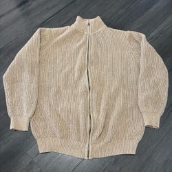 LL Bean Sweater Ribbed Full Zip Size XL Tall Mock Neck Tan Cotton Chunky Knit