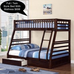 New Solid Full / Twin Bunk Bed With Mattress Included 