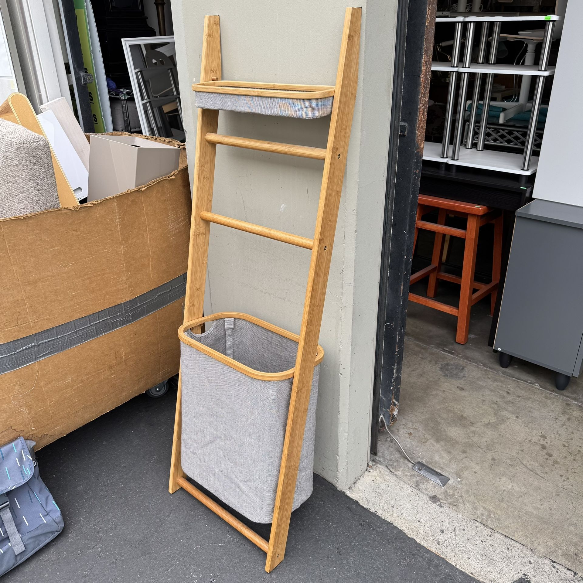 West Elm Bamboo Wall Leaning Laundry Hamper Shelf Shelves Storage Stand Unit Excellent Condition