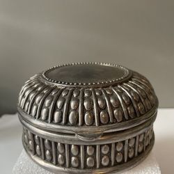 Vintage Silver Metal Velvet-lined Round Hinged Jewelry Box