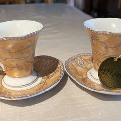 Beautiful D’Lusso Designs - Heart Shaped - Peach Lusterware Tea Cup and Saucer / Demitasse/ Espresso- Porcelain China - Romantic